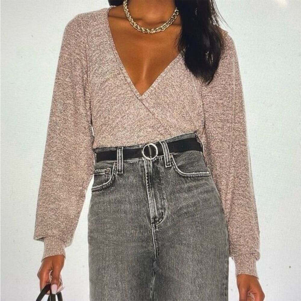 Free People Women's Going for the Gold Faux Wrap Sweater S Rose Metallic Cropped